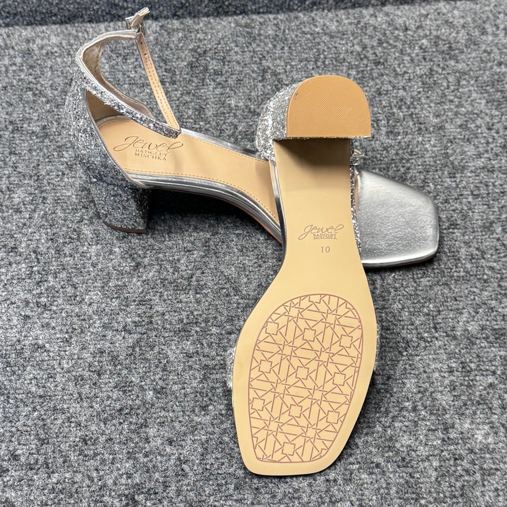 Jewel Badgley Mischka Block Heel Sandal Wmns 10 Silver Glitter Glam Wedding Prom - Picture 5 of 7